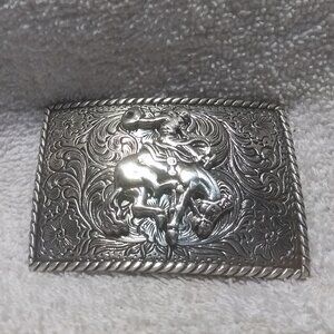 Nocona Buckles Silver Flower Engraved Bucking Bronco Rectangle Buckle Great !!
